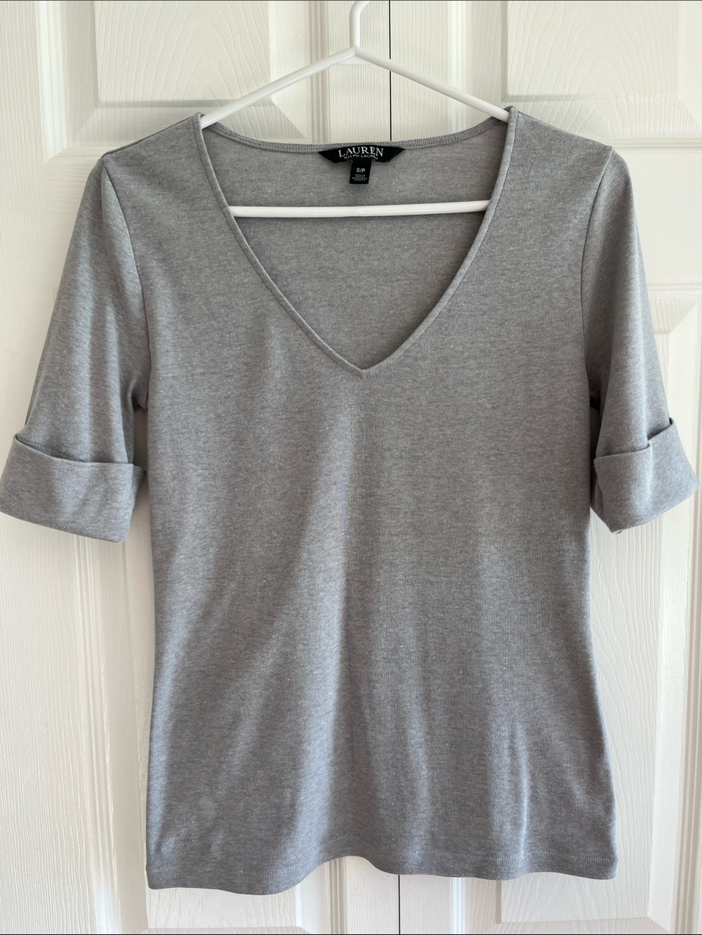 Lauren Ralph Lauren Light Gray V-Neck mid length Sleeve Tee